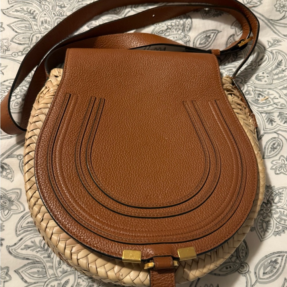 Chloe Marcie Flap Saddle Crossbody Bag in Raffia Fabric and Leather